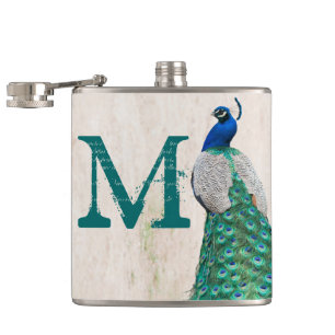 Peacock Vogelveer Blauwgroen Monogram Whiskey Flas Heupfles