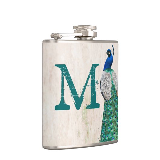 Peacock Vogelveer Blauwgroen Monogram Whiskey Flas Heupfles (Rechts)