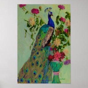 Peacock w/Dahlia's van Rachel Uchizono Poster