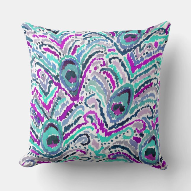 Peacock Waterverf Boho Tribal Pillow Kussen (Voorkant)