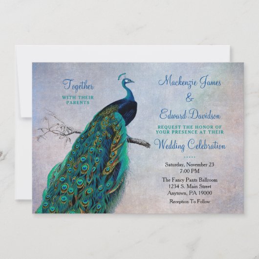 Peacock Wedding Invitation Blue Elegant Kaart (Voorkant)
