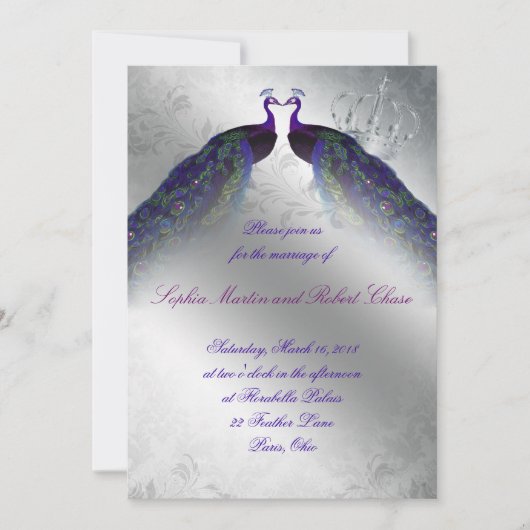 Peacock Wedding Invite Indigo  Silver Kaart (Voorkant)