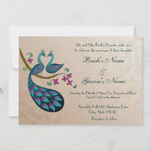 Peacock Wedding-uitnodiging, mauve Kaart