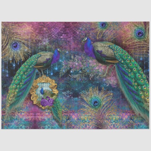 Peacocks Elegant Feathers Pink Glitter Decoupage Tissuepapier (Voorkant)
