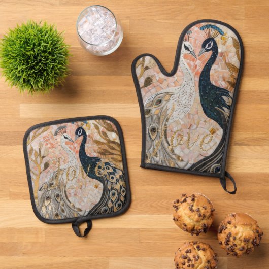 Peacocks Gold Glitter Love Blush Roos Ovenwant & Pannenlap Set (Top down)