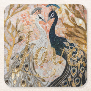 Peacocks Gold Glitter Love Blush Roos Vierkante Kartonnen Onderzetter