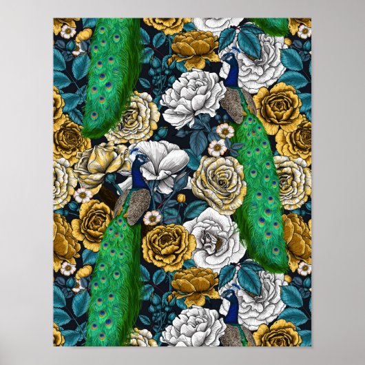 Peacocks in de tuin van het roos 3 poster (Voorkant)