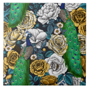 Peacocks in de tuin van het roos 3 tegeltje