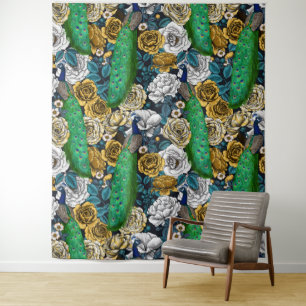 Peacocks in de tuin van het roos 3 wandkleed