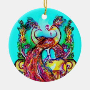 PEACOCKS IN LOVE/RED RUBY GEMSTONE, Blue turquoise Keramisch Ornament
