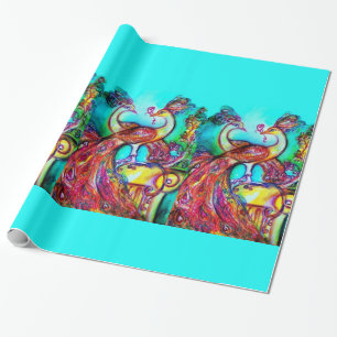 PEACOCKS IN LOVE, rood, groen Cadeaupapier