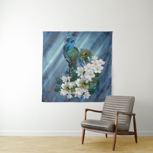 Peacocks over Emerald Green Silk Wandkleed (In situ)