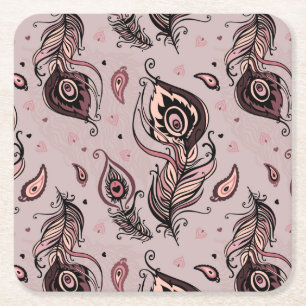 Peacockvederpatroon Vierkante Kartonnen Onderzetter