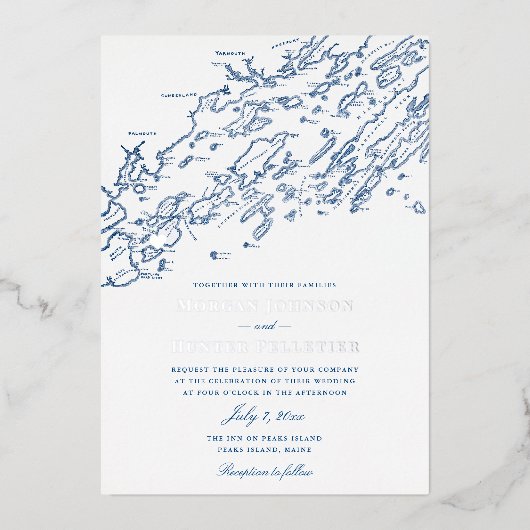 Peaks Island Maine Bruiloft Elegant Marine Zilver Folie Uitnodiging (Voorkant)