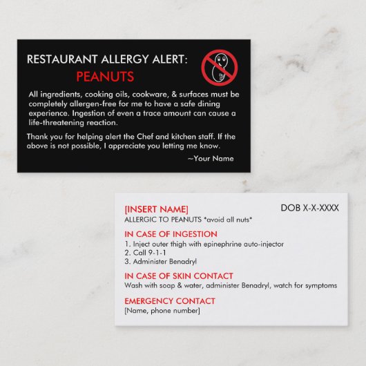 Peanut Allergy Restaurant & ICE Card - F/BSF Visitekaartje (Voorkant / Achterkant)