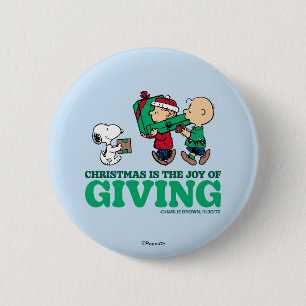 Peanuts Kerstmis is de vreugde van het geven Ronde Button 5,7 Cm
