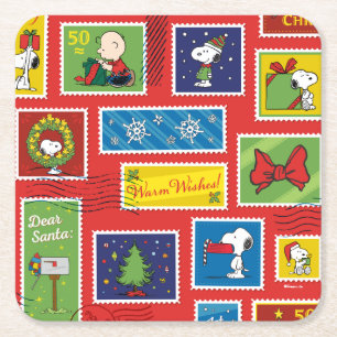 Peanuts Kerstpostzegels Patroon Vierkante Kartonnen Onderzetter