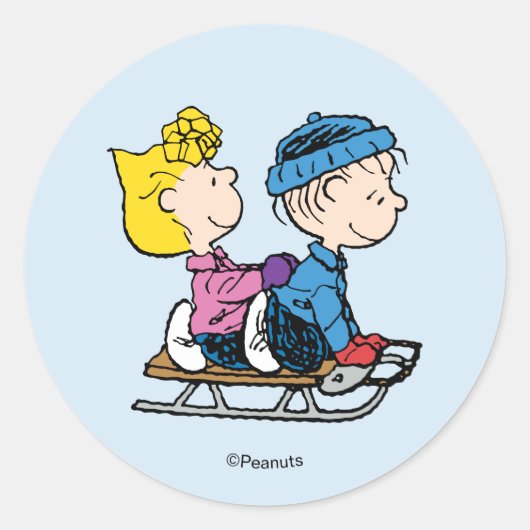 Peanuts | Sally & Linus Sled Riding Ronde Sticker (Voorkant)