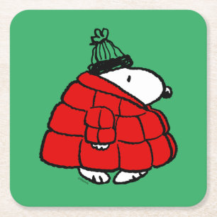 Peanuts Snoopy Red Puffer Jacket Vierkante Kartonnen Onderzetter