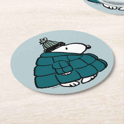 Peanuts | Snoopy Winter Puffer Jas Ronde Kartonnen Onderzetter (Gebogen)