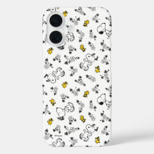 Peanuts   Snoopy & Woodstock B&W Bloempatroon iPhone 16 Hoesje