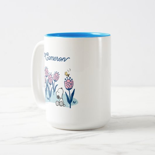 Peanuts Snoopy & Woodstock Bloem | Jouw namen toev Tweekleurige Koffiemok (Voorkant links)
