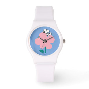 Peanuts   Snoopy & Woodstock Nap op roze bloem Horloge
