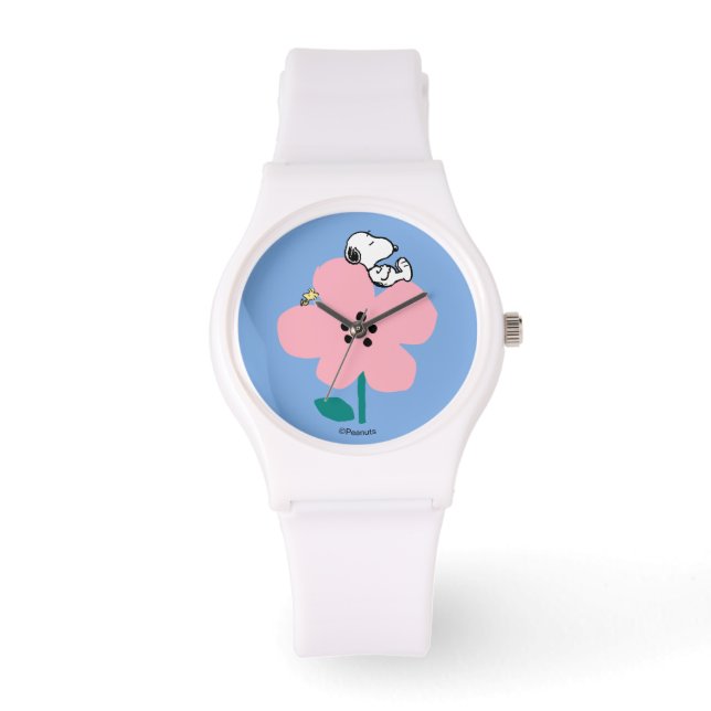 Peanuts | Snoopy & Woodstock Nap op roze bloem Horloge (Voorkant)