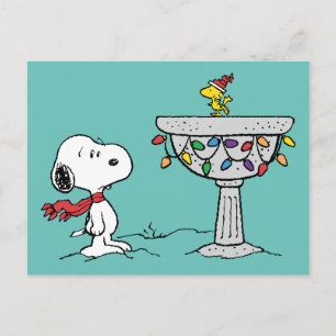 Peanuts Snoopy & Woodstock Versierd Vogelbad Feestdagenkaart