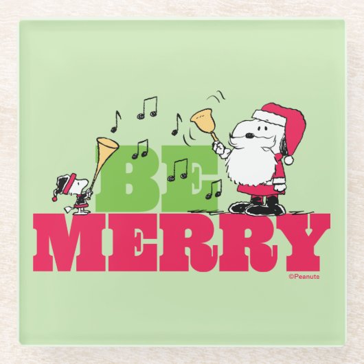 Peanuts | Wees vrolijk met Kerstmis Glazen Onderzetter (Voorkant)
