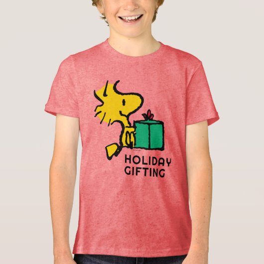 Peanuts | Woodstock Kerstcadeau Tri-Blend Shirt (Voorkant)