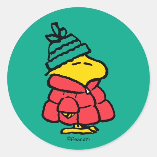 Peanuts | Woodstock Puffy Winter Jacket Ronde Sticker (Voorkant)