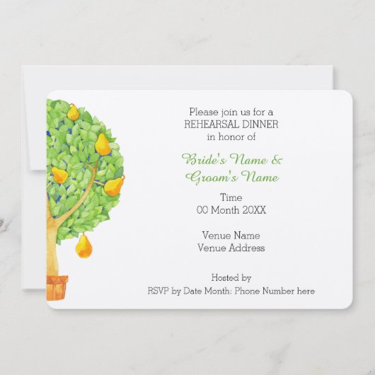 Pear Tree Wedding Rehearsal Dinner Invitation Kaart (Voorkant)