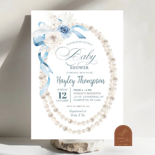 Pearl Boho Blue Floral Baby shower Invitation