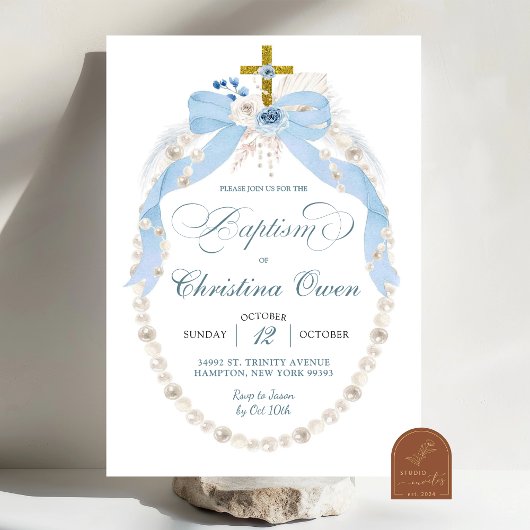 Pearl Boho Blue Floral Boy Baptême Invitation