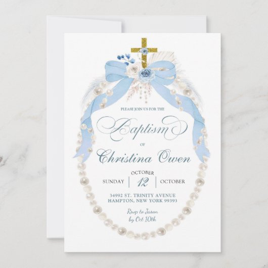Pearl Boho Blue Floral Boy Baptême Invitation (Devant)