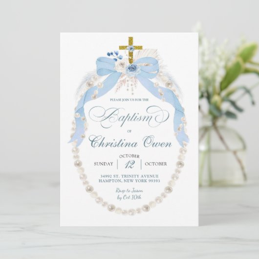 Pearl Boho Blue Floral Boy Baptême Invitation (Debout devant)
