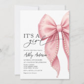 Pearl Bow is een meisje roze Baby shower Kaart (Voorkant)