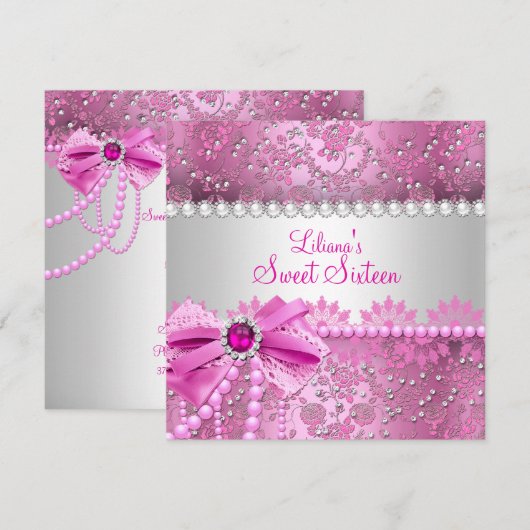  Pearl Bow Lace Pink Silver Sweet 16 Kaart (Voorkant / Achterkant)