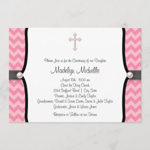 Pearl Cross Pink Chevron Christening Kaart