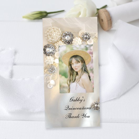 Pearl Diamond Buttonnen Quineañera Hartelijk dank Bedankkaart