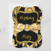 Pearl Gold Bow Black Damask Birthday Invite Kaart (Achterkant)