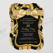 Pearl Gold Bow Black Damask Invitation d'anniversa (Devant / Derrière)