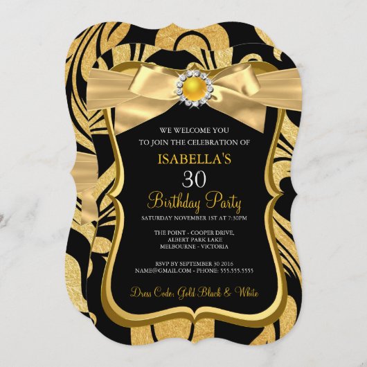 Pearl Gold Bow Black Damask Invitation d'anniversa (Devant / Derrière)