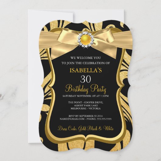 Pearl Gold Bow Black Damask Invitation d'anniversa (Devant)