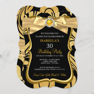 Pearl Gold Bow Black Damask Invitation d'anniversa