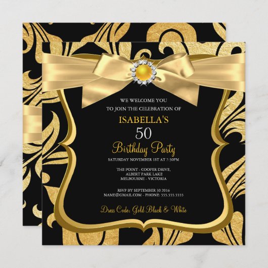 Pearl Gold Bow Jaune Noir Damas Invitation d'anniv (Devant / Derrière)