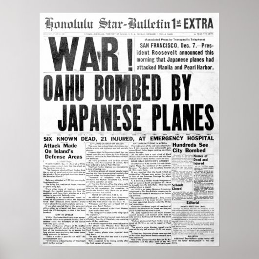 Pearl Harbour Attack Newspaper Poster (Voorkant)