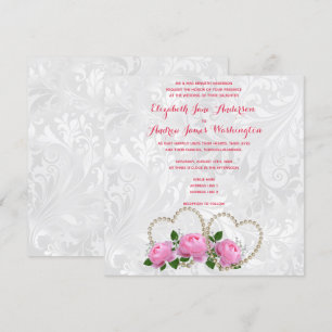 Pearl Hearts en Rozen Damask Wedding Kaart