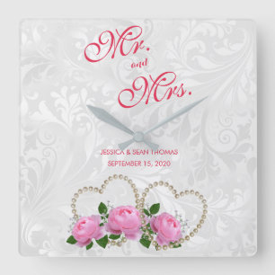 Pearl Hearts en Rozen Damask Wedding Vierkante Klok